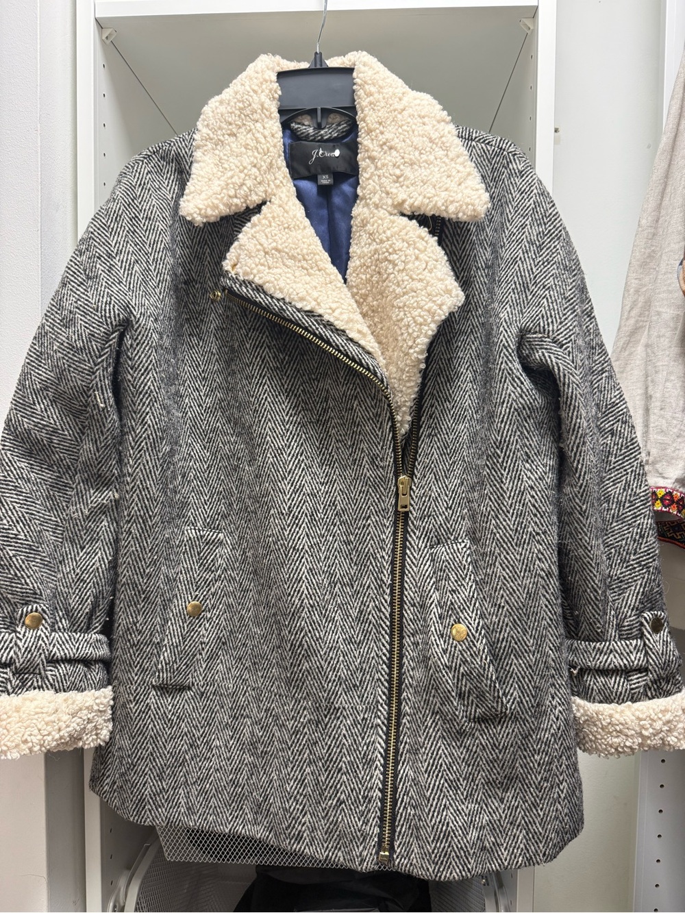 J. Crew Gray Herringbone Pea Coat with Cream Faux Shearling